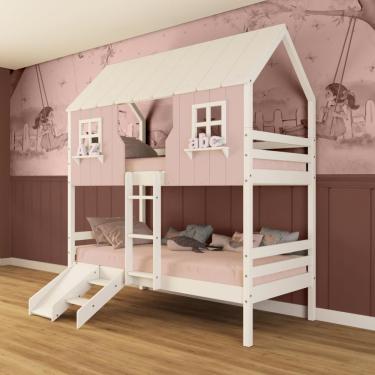 Imagem de Beliche Casinha Encantada Com Kit Escada/ Escorregador Madeira Maciça Rosa/ Branco Megamobilia