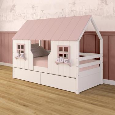 Imagem de Cama Casinha Encantada Com 02 Gavetas Madeira Maciça Branco/ Rosa Megamobilia