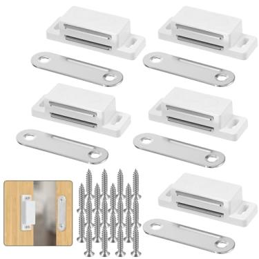 Imagem de 5 pacotes de armário magnético para porta, trava magnética de porta branca resistente para portas de armário de armário, travas magnéticas fortes para portas, guarda-roupas, gavetas e venezianas