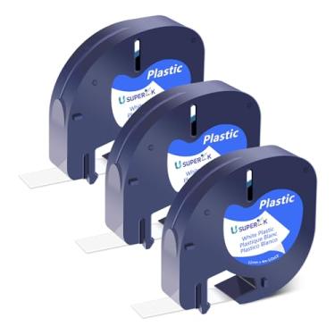 Imagem de USUPERINK Pacote com 3 fitas adesivas para etiquetadoras Dymo 91331 S0721660 Fita adesiva de plástico branco 12 mm x 4 m (1/5.1 cm x 13') para refis Dymo Letratag 200B LT100H LT100T LT110T