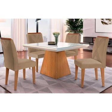 Imagem de Conjunto: Mesa Sala Jantar Luna c/ Tampo Madeirado c/ Vidro Canto Curvo 90x90cm e 4 cadeiras Amsterdã Imbuia/Off White - Suede Capuccino - Rufato