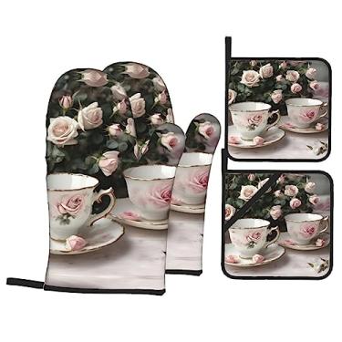 Imagem de Xícaras de chá com rosas luvas de forno gastas românticas e suportes de panela, conjunto de 4 peças, luva de forno de cozinha, resistente ao calor, para cozinhar churrasco