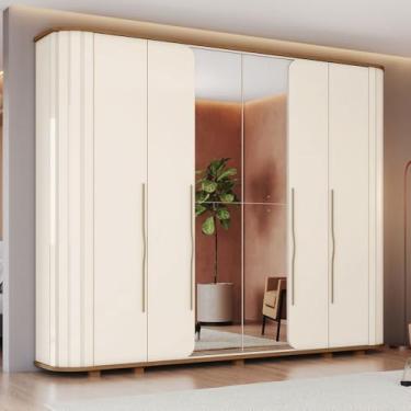 Imagem de Guarda-Roupa Casal Premium 6 Portas 6 Gavetas Ripado com Espelho Off White/Nature - Henn