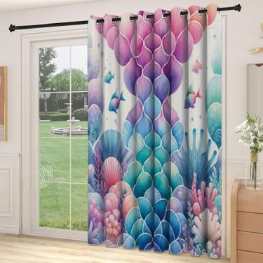 Imagem de Divisória de parede de cortina de divisória de sala costeira, arte náutica colorida aquarela estilo cauda de sereia conchas de escama de peixe, corais, cortinas largas isoladas/cortinas de quarto