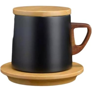 Imagem de Xicara Térmica com Tampa e Pires de Madeira Café Chá(PRETO)