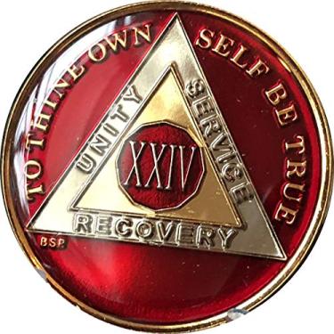 Imagem de Medalhão AA de 24 anos com chip de sobriedade vermelho mandarim metálico grande de 3,8 cm