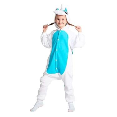 Imagem de Kigurumi Infantil de Unicornio Fantasia Pijama de Inverno Quentinho com Capuz Bordado Branco e Azul pra Meninos e Meninas (Branco e Azul, XG 13-14)