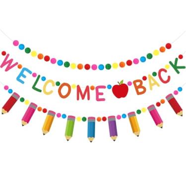 Imagem de Doumeny 3 peças, faixa de feltro Welcome Back to School, lápis colorido, guirlanda de pompom, guirlanda de faixa de volta às aulas com maçã sala de aula para decoração de parede de janela de casa do