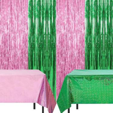 Imagem de BAHABY Conjunto de cortinas e toalha de mesa com franja de folha de estanho rosa e verde, 2 peças de fundo de serpentina de festa de 8 x 1,6 m, 2 peças de capas de mesa com glitter de 11 x 2 metros