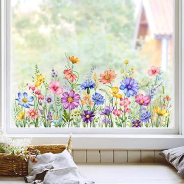 Imagem de Tanlaby Adesivos de janela de flores de verão, adesivos de janela de flores silvestres coloridas para janelas de vidro dupla face estática anticolisão de vidro floral para decoração de jardim, portas