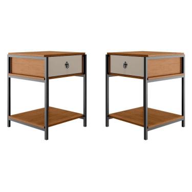 Imagem de Kit 2 Mesa De Cabeceira Mesa De Canto Quarto Casal Estilo Industrial Gaveta Prateleira Puxador Retrô