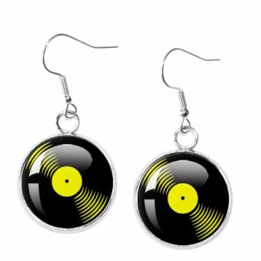 Imagem de Brincos de disco de vinil, vintage, retrô, preto, tocador, DJ, música, metal, fonógrafo, grande, círculo, leve, brincos pendentes para mulheres, estilo punk dos anos 80, rock, hip hop, joias modernas