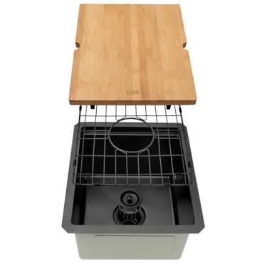 Imagem de LQS Pia de barra de aço inoxidável de 38 x 43 cm, pia de barra úmida preta pequena e pia de cozinha para trailer, pia de cozinha de aço inoxidável preta calibre 16 com acessórios abundantes para