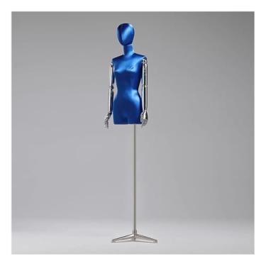 Imagem de Torso de manequim feminino de seda com suporte de metal prateado, cabeça giratória removível e braço de manequim, altura ajustável de 47 a 84 pol.(Blue1)
