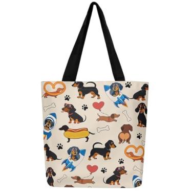 Imagem de Bolsa de lona Kawaii Dachshund para compras, presentes de praia, bolsas de ombro com ossos com estampa de pés, para compras, academia
