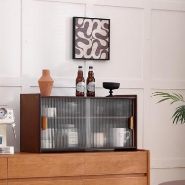 Imagem de Furlide Armário de armazenamento de bancada de bambu montado na parede com porta de vidro, armário de cozinha suspenso com prateleiras ajustáveis, aparador de despensa pequeno para sala de jantar