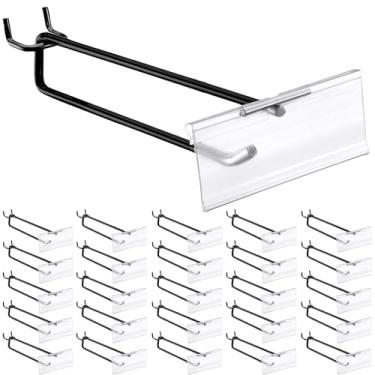 Imagem de Tandefio Pacote com 50 ganchos de placa de metal preto de 15 cm com suporte de etiquetas de plástico transparente para exibição de aço inoxidável, ganchos para quadro de pegboard de 1/20.3 cm a 1/10.2