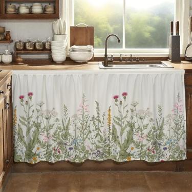 Imagem de MUGINYU Cortinas de armário 71 cm L x 129 cm C saia de pia para banheiro, flores botânicas florais curtas para cozinha e sala de aula, boho primavera folhas coloridas armário cortina de lava-louças