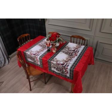 Imagem de Kit Toalha De Mesa Retangular Jacquard 3,00x1,50 (8 Lugares) + 2 Caminhos de Mesa (Decoração Natalina, Decorativa Para Natal) (NOEL E RENAS)