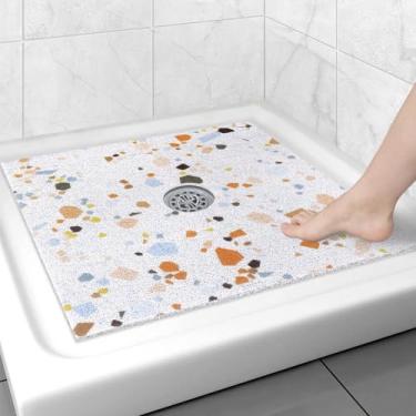 Imagem de Tapete de chuveiro quadrado antiderrapante: tapete de chuveiro de 68 x 68 cm com orifício de drenagem no meio, tapete de banho de massagem de bucha de PVC super macio e confortável para chuveiro
