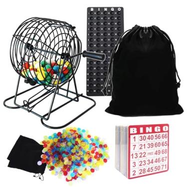 Imagem de Yuanhe Conjunto de jogo de bingo de luxo – Inclui gaiola giratória de metal de 20 cm com grande bolsa de armazenamento, 1000 fichas coloridas, 100 cartas de bingo, 75 bolas coloridas e masterboard