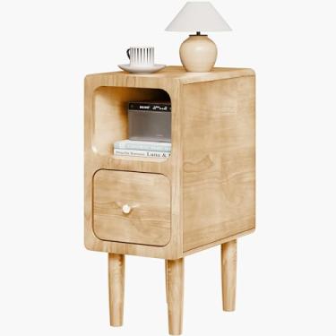 Imagem de Mesa de cabeceira estreita, mesa de cabeceira de madeira maciça com gavetas, mesa de cabeceira moderna natural de meados do século, pequena mesa ao lado com prateleira de armazenamento aberta para