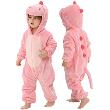 Imagem de MICHLEY Macacão unissex com capuz para bebês com capuz, vestido de animal para festa de Halloween, macacão de 2 a 36 meses, Dinossauro rosa, 18-24 Months/Height:31"-35"