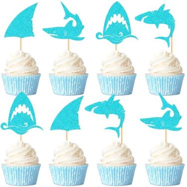 Imagem de Cyodoos 24 PCS Glitter Shark Cupcake Toppers Ocean Themed Party Shark Cake Decorations Baby Shower Birthday Party Decorations