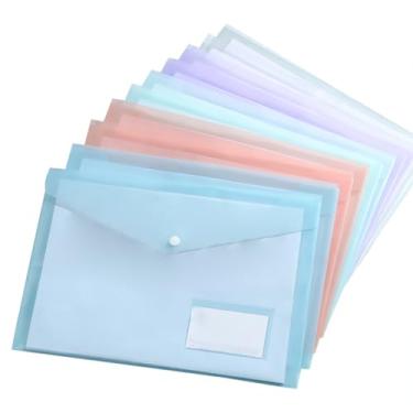 Imagem de 10 pastas de plástico envelopes de etiquetas pastas de bolso pastas de arquivo coloridas tamanho A4 pastas de documentos pastas de papel carta com fecho de botão para escritório de trabalho