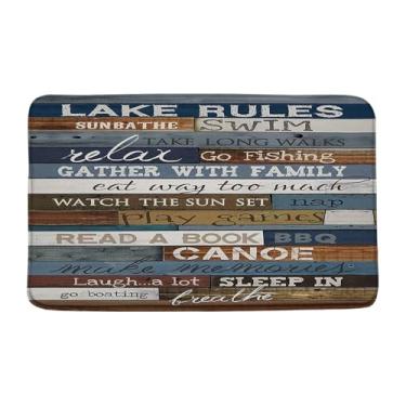 Imagem de Cortina de chuveiro Lake Rules marrom azul vintage porta de celeiro citações inspiradoras de madeira rústica cabana de fazenda acampamento retrô espuma de memória casa escritório porta tapete de