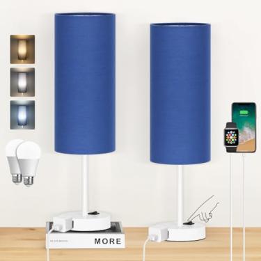 Imagem de ZJOJO Candeeiro de mesa para quarto, pacote com 2, lâmpadas de cabeceira de 45,7 cm com interruptor basculante regulável de 3 vias e tomada AC, luminária de mesa de cabeceira com sombra de tecido azul