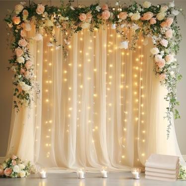 Imagem de Fomcet Cortinas de tule com cordão de luzes champanhe 5 m x 20 m cortinas de pano de fundo transparente para festas de casamento chá de bebê decorações de sessão de fotos (4 painéis 15 x 20 pés)
