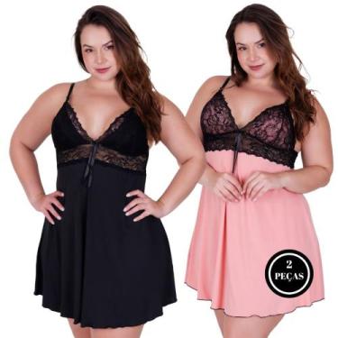 Imagem de Kit 2 Camisola Plus Size Detalhe Renda Bicolor -c8 KIT 2 SHEYLA PRETO 