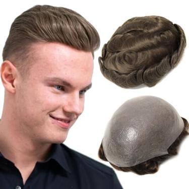 Imagem de BEEOS Toupee de pele fina de 0,03 mm para homens, #7 castanho claro 20 x 25 cm sistema de cabelo para homens 90% de densidade, vlooped e sem nós peruca masculina realista