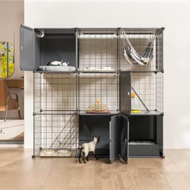 Imagem de Gabinete grande para gatos de 3 níveis para ambientes internos e externos com caixa de areia, cercadinho multifuncional destacável Catio – Gaiola de canil de arame de metal DIY para gatos