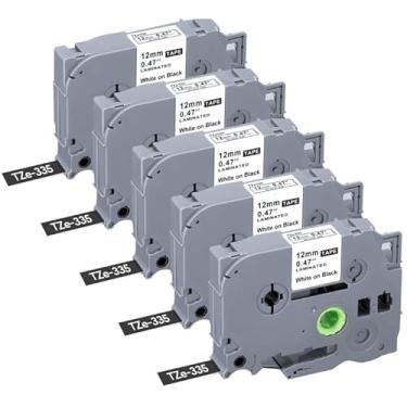 Imagem de JOJOME Pacote com 5 fitas de etiquetas TZe-335 compatíveis com Brother P Touch 12 mm 0,47 TZe-335 Fita de etiquetagem laminada para Brother PT-D220 PT-D210 PT-H110 PT-D400 PT-D600, branca sobre preto