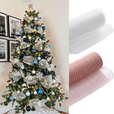 Imagem de Fita de malha decorativa de Natal com 2 rolos de folha metálica de poliéster rosa branco 26 cm L x 76 cm C suprimentos para grinalda faça você mesmo, árvore de Natal, decoração de artesanato para casa