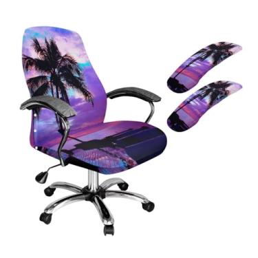 Imagem de Batyqompu Conjunto de 3 peças de protetor de cadeira de escritório com capas de apoio de braço capa elástica lavável para cadeira de chefe, antipoeira, capa giratória elástica, coqueiro, palmeira, céu