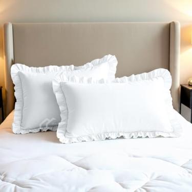 Imagem de Capas de travesseiro King 50,8 cm x 91,4 cm conjunto de 2 com fecho de zíper fronhas decorativas com babados 100% algodão egípcio King Ruffle fronhas, branco