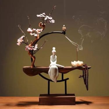 Imagem de Queimador de incenso com árvore de flor de pêssego Stick, Censer do suporte do backflow Decoração da casa do ornamento de aromaterapia para relaxamento, purificação, meditação, ioga,B