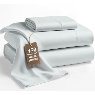 Imagem de LANE LINEN Lençóis 100% algodão – 450 fios, 3 peças, fibra longa Twin XL cetim macio, roupa de cama, lençóis refrescantes respiráveis - azul balada