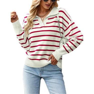 Imagem de Suéter BQDCQB, polo listrado, decote em V, malha solta para mulheres