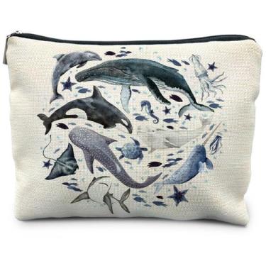 Imagem de Bolsa de maquiagem RYYCDOI Ocean Animals Shark Whale Linen 19x25cm