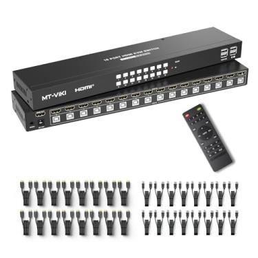 Imagem de MT-VIKI Interruptor KVM 4K @ 60Hz HDMI 16 portas com 16 cabos e áudio de 3,5 mm, switch KVM de montagem em rack, 4 USB 2.0, HDMI 2.0, HDCP 2.2 para 16 computadores/servidores, compatível com rack 1U