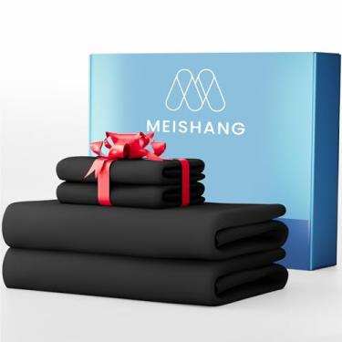 Imagem de MEISHANG Lençóis de algodão 1000 fios Queen Size - 100% algodão egípcio, cetim acetinado, ultramacio e respirável, bolsos profundos de 40,6 cm - 4 peças (Queen, preto)