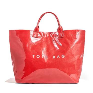 Imagem de hibear Sacola feminina, bolsa grande de trabalho, bolsa de plástico transparente com letras de PVC, bolsa de papel kraft Hobo com alça, Vermelho, Large