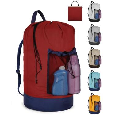 Imagem de Bolsa de lavanderia com alças de ombro e bolso de malha, grande cesto de roupa suja portátil para lavanderia universitária e apartamento
