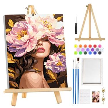 Imagem de MOGTAA Kit de pintura de flores por números para adultos iniciantes com moldura, kits de pintura por números para adultos em tela com cavalete, kits de pintura a óleo DIY fáceis para decoração de casa