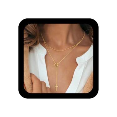 Imagem de TseanYi Bohemia Colar em camadas, cruz em Y, colar de gargantilha com círculo dourado, vintage, crucifixo, colares religiosos, cristãos, batismo, joias para mulheres