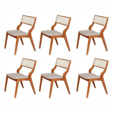 Imagem de Kit 6 Cadeiras de Madeira Maciça Estofada e Rattan 100% Natural Luna Espresso Móveis Champagnhe/Cinza Claro